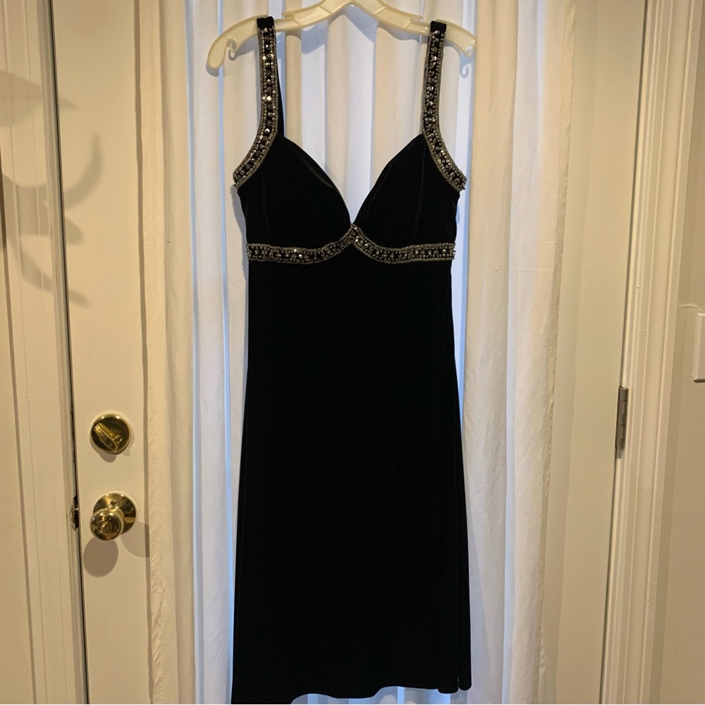 JS Boutique black stretch velvet with silver sequin accent top . Padded bra top